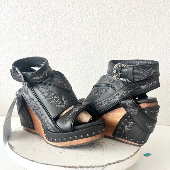Lane Boots LEXINGTON Womens Black Wedges 10 Western Sandals Cowgirl Wooden Heel - Picture 1 of 11